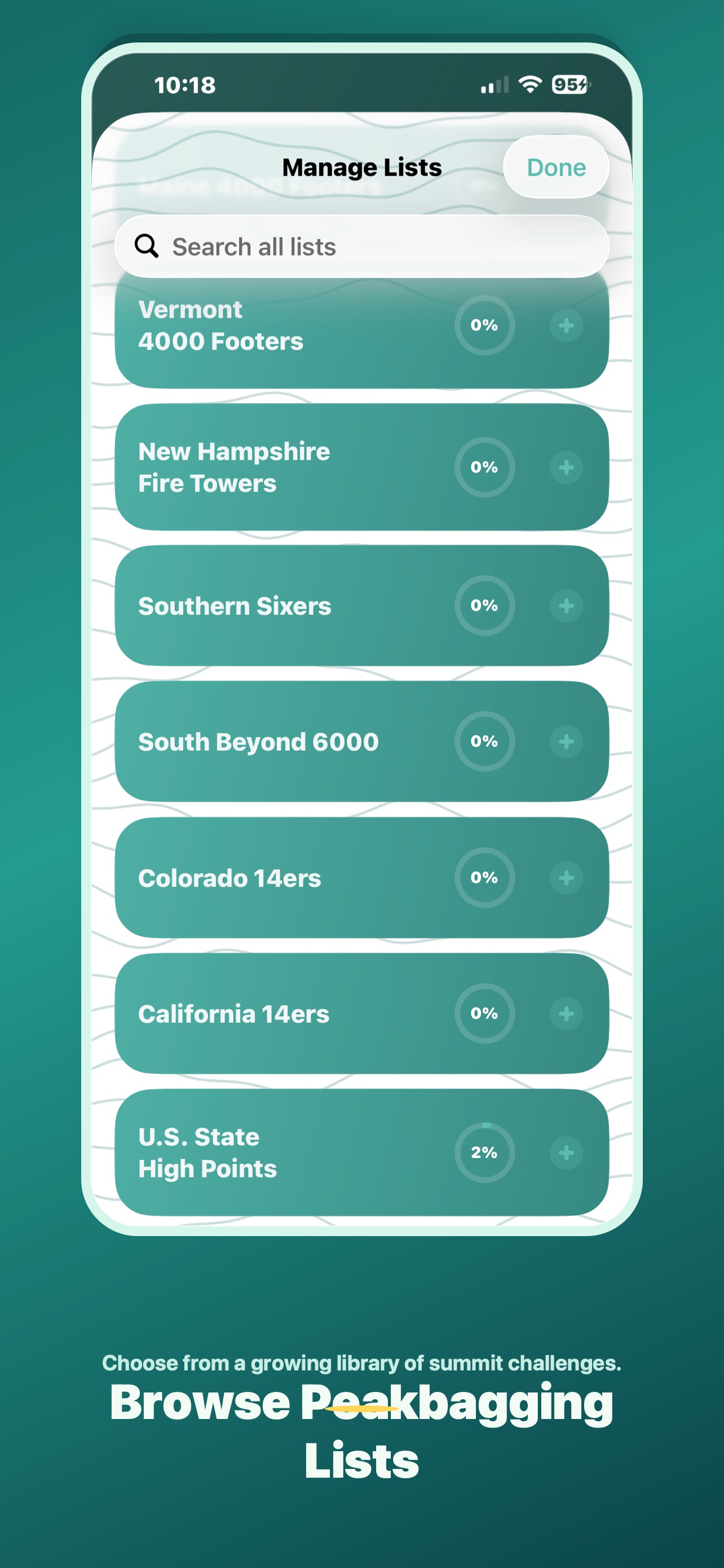 PeakLog list library screenshot